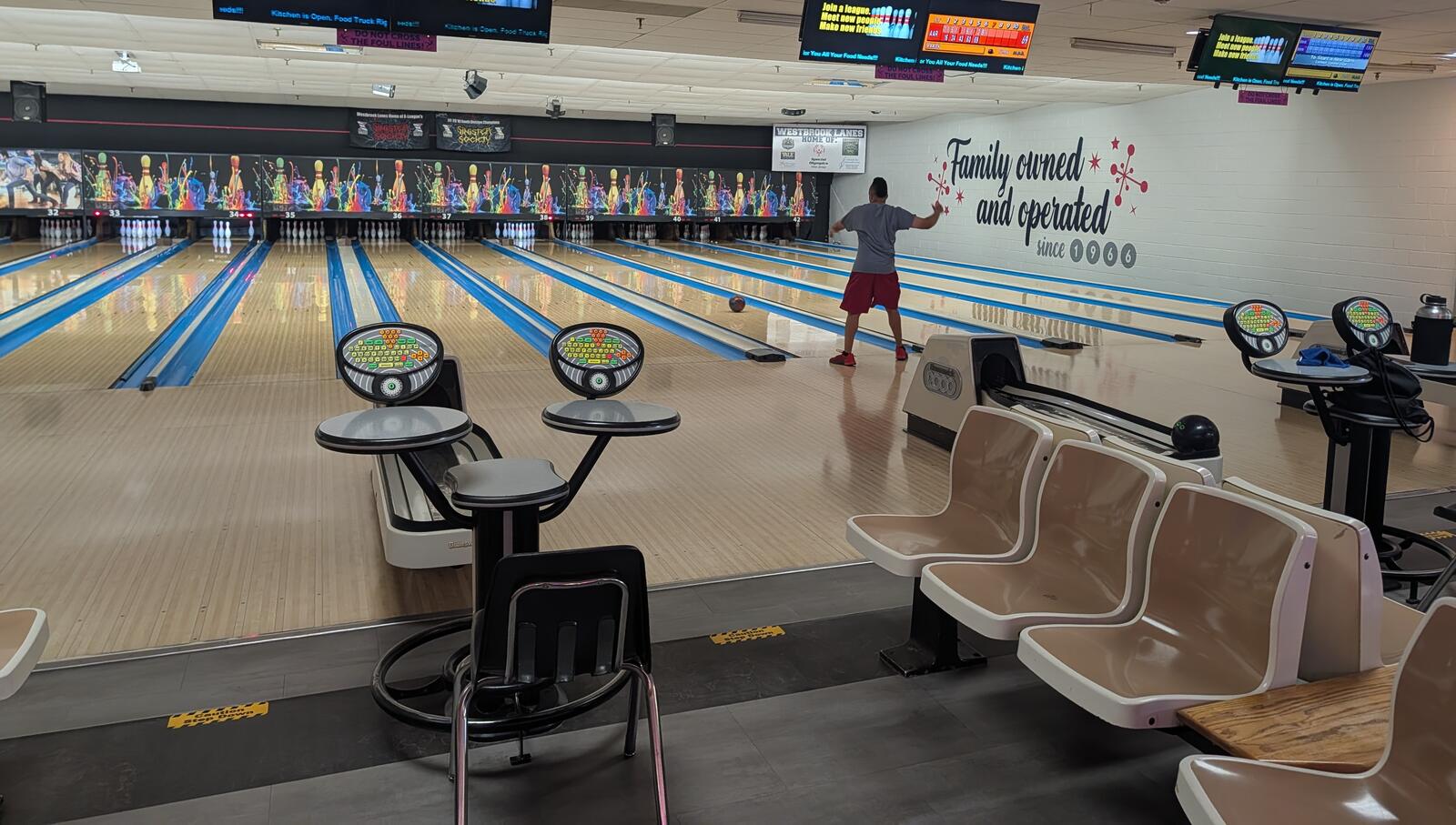 A bowler on the lanes at Westbrook Lanes, family owned and operated since 1966 — the closest bowling alley to Runnemede, NJ