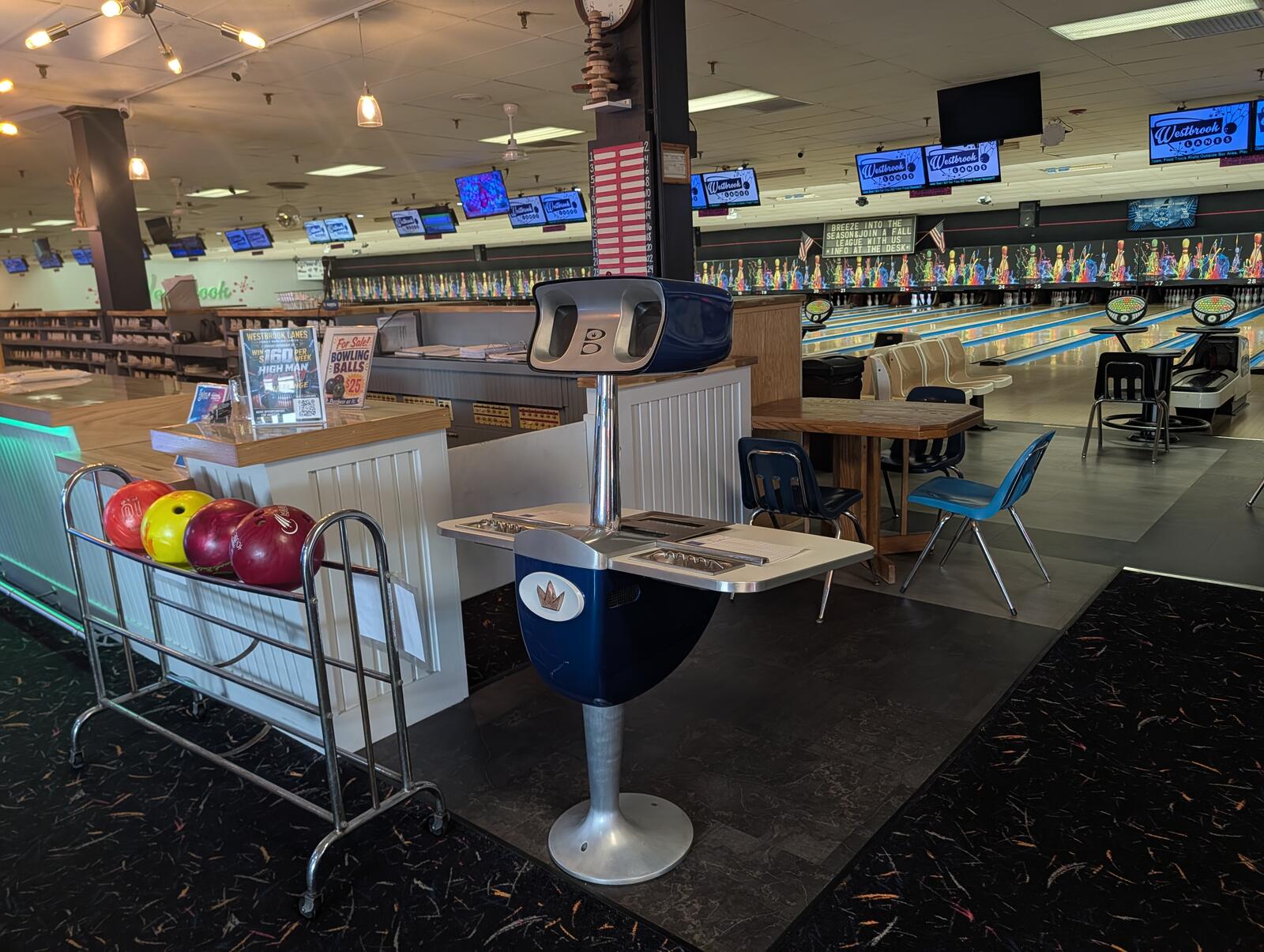 The lanes and ball rack at Westbrook Lanes, the closest bowling alley to West Deptford, NJ